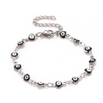 Enamel Heart with Evil Eye Link Chains Bracelet, 304 Stainless Steel Jewelry for Women, Stainless Steel Color, Black, 6-3/4 inch(17.1cm)