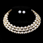 Round Alloy Rhinestone Stud Earrings & Multilayer Chain Necklaces, with Imitation Pearl, Golden, 125mm(FS-WG65918-06)