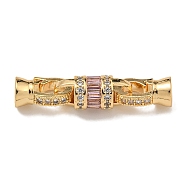 Brass Micro Pave Cubic Zirconia Fold Over Clasps, Column, Real 18K Gold Plated, Pink, 33mm(KK-U037-43G-01)