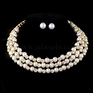 Round Alloy Rhinestone Stud Earrings & Multilayer Chain Necklaces, with Imitation Pearl, Golden, 125mm(FS-WG65918-06)