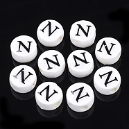 Handmade Porcelain Beads, Horizontal Hole, Flat Round with Letter, White, Letter.N, 8~8.5x4.5mm, Hole: 2mm(PORC-Q259-01N)