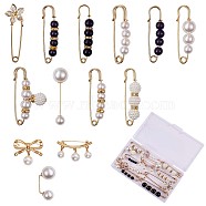 13Pcs 13 Style Acrylic Pearl Beaded Safety Pin Brooch, Crystal Rhinestone Flower Lapel Pins Badges, Golden Alloy Sweater Shawl Clips for Women, Mixed Color, 29~75.8mm, 1Pc/style(JX430A)
