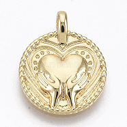 Brass Pendants, Nickel Free, Flat Round, Hands Hold Heart, for Mother's Day, Real 18K Gold Plated, 21x17x4.5mm, Hole: 2.8mm(KK-N232-15G-NF)