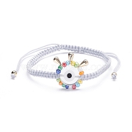 Big Evil Eye Braided Bead Bracelet, Adjustable Lampwork Beads Bracelet for Teen Girl Women, Golden, White, Inner Diameter: 2-1/4~4 inch(5.7~10.4cm)(BJEW-JB07109-04)