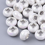 Opaque Resin European Beads, Large Hole Beads, Imitation Porcelain, with Platinum Tone Brass Double Cores, AB Color, Rondelle, White, 14x9mm, Hole: 5mm(RPDL-T038-007M)