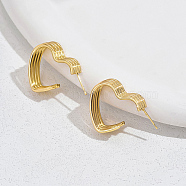 Brass Heart Stud Earrings, Half Hoop Earrings, Real 18K Gold Plated, 12x3mm(XG2436)