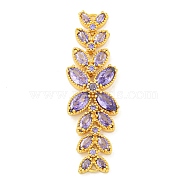 Brass Pave Lilac Cubic Zirconia Flower with Leaf Links Connector Charms, Long-Lasting Plated, Lead Free & Cadmium Free, Real 18K Gold Plated, 50x15x5mm, Hole: 1mm(KK-P277-52G-03)