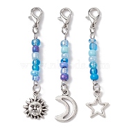 Alloy Pendant Decorations, with Glass Seed Beads and Alloy Swivel Lobster Claw Clasps, Sun/Star/Moonr, Antique Silver, 58~60mm, 3pcs/set(HJEW-JM01437)