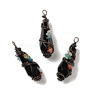 Natural Obsidian Pointed Big Pendants, Faceted Bullet Charm, with Red Copper Tone Brass Findings and Mixed Chip Stones, Cadmium Free & Lead Free, 51~55x15~17x17~19mm, Hole: 5~6mm(G-G860-03R-03)