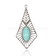 Rhombus Antique Silver Plated Alloy Synthetic Turquoise Big Pendants, Dyed, Sky Blue, 61x29x8mm, Hole: 2mm(PALLOY-J597-01AS)