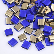 2-Hole Glass Seed Beads, Half Golden Plated Colours, Square, Blue, 5x4.5~5.5x2~2.5mm, Hole: 0.5~0.8mm, about 118pcs/10g(X-SEED-S031-L-048-G)