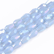 Electroplate Glass Beads Strands, AB Color Plated, Imitation Jade Glass, Faceted Teardrop, Light Steel Blue, 4x3mm, Hole: 0.7mm, about 98~99pcs/strand, 16.54~16.92 inch(42~43cm)(EGLA-S194-02A-B03)