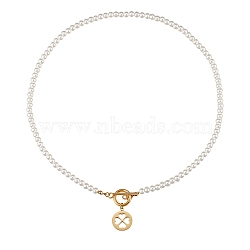 304 Stainless Steel Pendant Necklaces, with Acrylic Imitation Pearl Round Beads and Toggle Clasps, Flat Round with Clover, White, Golden, 17.91 inch(45.5cm)(NJEW-SZ0001-34)