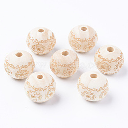 Unfinished Natural Wood European Beads, Large Hole Beads, for DIY Painting Craft, Laser Engraved Pattern, Round with Flower Pattern, Antique White, 20x18mm, Hole: 4mm(WOOD-S057-013B)