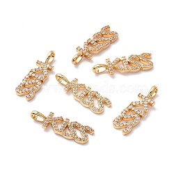 Brass Micro Pave Clear Cubic Zirconia Pendants, Long-Lasting Plated, Lead Free & Cadmium Free & Nickel Free, Kiss Word shape, Valentine's Day, Real 18K Gold Plated, 24x8x2mm, Hole: 3x4.5mm(ZIRC-Z019-26G-NR)