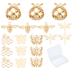 SUNNYCLUE 18Pcs 6 Style Brass Pendants, Bee & Honeycomb & Butterfly & Dragonfly, Real 18K Gold Plated, 3pcs/style(KK-SC0002-78)