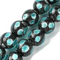 Handmade Silver Sand Lampwork Beads Strands, Round with Dot, Cyan, 14.5mm, Hole: 1.4mm, about 128pcs/strand, 14.96''(38cm)(LAMP-A003-01E)