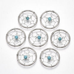 304 Stainless Steel Pendants, with Synthetic Turquoise Beads, Flat Round with Spider Web, Stainless Steel Color, 25x4~4.5mm(STAS-S109-01F)