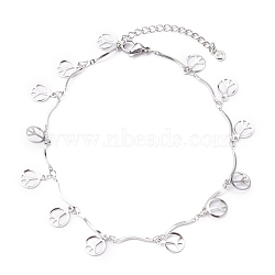 304 Stainless Steel Peace Sign Charm Anklets, with Bar Link Chains, Stainless Steel Color, 9-1/2 inch(24cm)(AJEW-AN00394-02)
