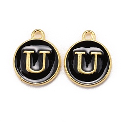Golden Plated Alloy Charms, Cadmium Free & Lead Free, with Enamel, Enamelled Sequins, Flat Round with Letter, Black, Letter.U, 14x12x2mm, Hole: 1.5mm(ENAM-S118-02U)