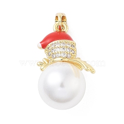 Christmas Theme Brass Micro Pave Cubic Zirconia Pendants, with Enamel and ABS Imitation Pearls, Real 18K Gold Plated, Snowman, 23x15x12mm, Hole: 5x2.5mm(KK-F877-30G-01)