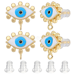 4 Pairs Evil Eye Brass Stud Earring Findings, with Enamel and Plastic Ear Nuts & Vertical Loops, Long-Lasting Plated, Real 18K Gold Plated, 12.5x13mm, Hole: 1.2mm, Pin: 0.9mm(KK-BBC0010-43)