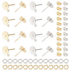 60Pcs 2 Colors 304 Stainless Steel Stud Earring Settings, Flat Round, with 60Pcs 2 Colors Jump Rings and 60Pcs 2 Colors Ear Nuts, Golden & Stainless Steel Color, Tray: 8mm, 10x8mm, Hole: 1mm, Pin: 0.8mm, 30pcs/color(STAS-UN0030-89)