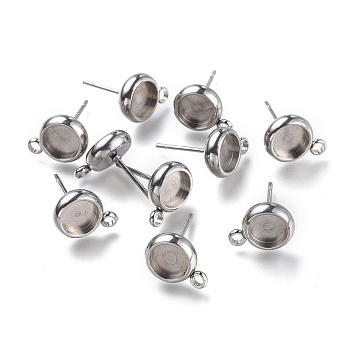 304 Stainless Steel Stud Earring Settings, with Loop, Flat Round, Stainless Steel Color, Flat Round: 11x8.3mm, Hole: 1.6mm, Pin: 0.8mm, Tray: 6mm
