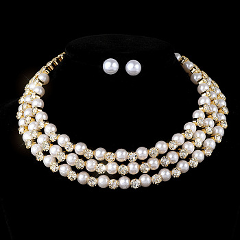 Round Alloy Rhinestone Stud Earrings & Multilayer Chain Necklaces, with Imitation Pearl, Golden, 125mm