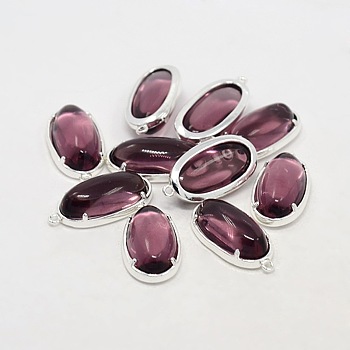 Silver Color Plated Brass Glass Pendants, Oval, Plum, 24x15x7mm, Hole: 1mm