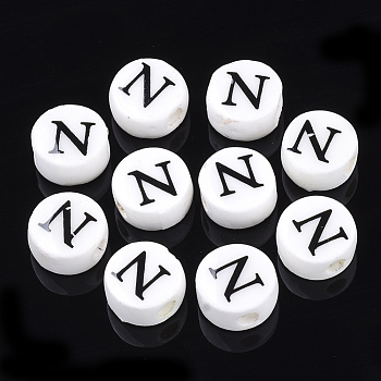 Handmade Porcelain Beads, Horizontal Hole, Flat Round with Letter, White, Letter.N, 8~8.5x4.5mm, Hole: 2mm