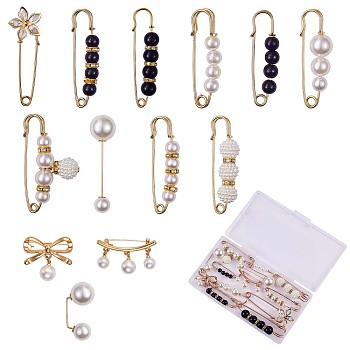 13Pcs 13 Style Acrylic Pearl Beaded Safety Pin Brooch, Crystal Rhinestone Flower Lapel Pins Badges, Golden Alloy Sweater Shawl Clips for Women, Mixed Color, 29~75.8mm, 1Pc/style