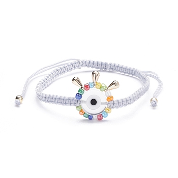 Big Evil Eye Braided Bead Bracelet, Adjustable Lampwork Beads Bracelet for Teen Girl Women, Golden, White, Inner Diameter: 2-1/4~4 inch(5.7~10.4cm)