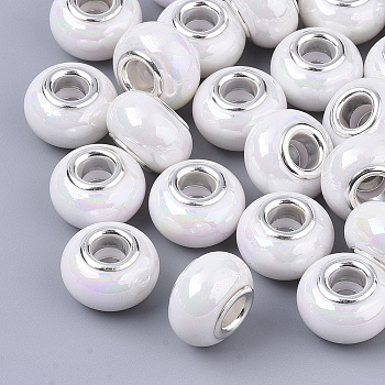 Opaque Resin European Beads, Large Hole Beads, Imitation Porcelain, with Platinum Tone Brass Double Cores, AB Color, Rondelle, White, 14x9mm, Hole: 5mm