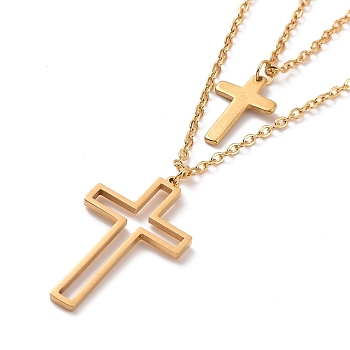 Stainless Steel Hollow Out Cross Pendant Double Layer Necklace with Cable Chains for Men Women, Golden, 15.55 inch(39.5cm)