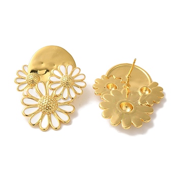 Rack Plating Flower Brass Enamel Stud Earrings, Cadmium Free & Lead Free, Long-Lasting Plated, Daisy, Real 18K Gold Plated, 36.5x28.5mm