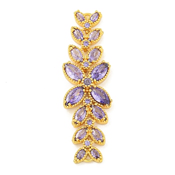 Brass Pave Lilac Cubic Zirconia Flower with Leaf Links Connector Charms, Long-Lasting Plated, Lead Free & Cadmium Free, Real 18K Gold Plated, 50x15x5mm, Hole: 1mm