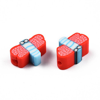 Handmade Polymer Clay Beads, Dragonfly, Red, 5~8.5x9~11.5x4.5~5mm, Hole: 1.2~1.6mm