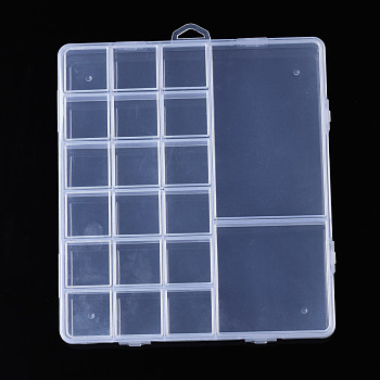 Rectangle Polypropylene(PP) Bead Storage Containers, with Hinged Lid and 20 Grids, for Jewelry Small Accessories, Clear, 19x17x1.8cm, Hole: 17x6mm, Compartment: 29x29mm and 70x70mm and 113x70mm