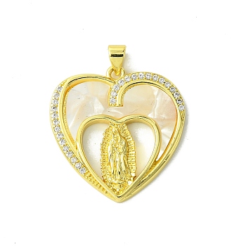 Real 18K Gold Plated Brass Micro Pave Cubic Zirconia Pendants, with Shell, Heart, 28.5x28x3mm, Hole: 3.5x4.5mm