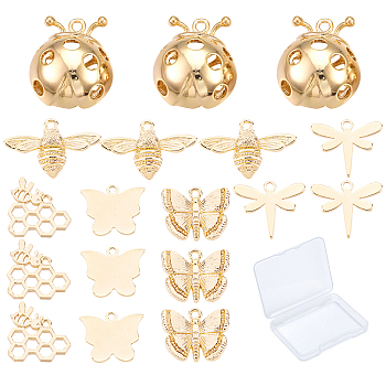 SUNNYCLUE 18Pcs 6 Style Brass Pendants, Bee & Honeycomb & Butterfly & Dragonfly, Real 18K Gold Plated, 3pcs/style