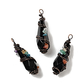 Natural Obsidian Pointed Big Pendants, Faceted Bullet Charm, with Red Copper Tone Brass Findings and Mixed Chip Stones, Cadmium Free & Lead Free, 51~55x15~17x17~19mm, Hole: 5~6mm