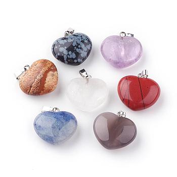 Natural Gemstone Pendants, with Platinum Tone Alloy Findings, Heart, 21~22x23x10mm, Hole: 2.5x5.5mm