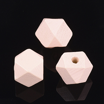 Painted Natural Wood Beads, Polyhedron, Pink, 15.5~16x15.5~16x12mm, Hole: 3mm