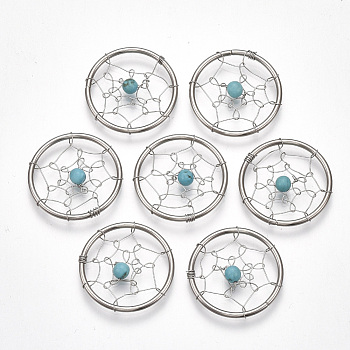 304 Stainless Steel Pendants, with Synthetic Turquoise Beads, Flat Round with Spider Web, Stainless Steel Color, 25x4~4.5mm