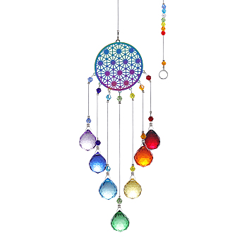 Glass Teardrop Pendant Decoration, Hanging Suncatchers, with Iron Findings and Metal Flat Round Link for Outdoor Garden Decoration, Round, 430x55mm