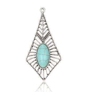 Rhombus Antique Silver Plated Alloy Synthetic Turquoise Big Pendants, Dyed, Sky Blue, 61x29x8mm, Hole: 2mm