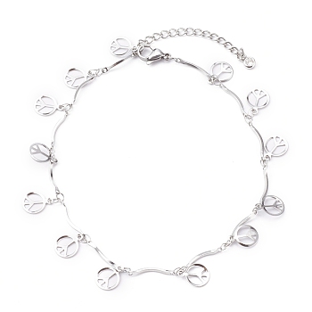 304 Stainless Steel Peace Sign Charm Anklets, with Bar Link Chains, Stainless Steel Color, 9-1/2 inch(24cm)