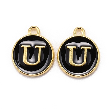 Golden Plated Alloy Charms, Cadmium Free & Lead Free, with Enamel, Enamelled Sequins, Flat Round with Letter, Black, Letter.U, 14x12x2mm, Hole: 1.5mm