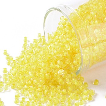 TOHO Round Seed Beads, Japanese Seed Beads, (973) Inside Color Crystal/Neon Champagne Yellow Lined, 11/0, 2.2mm, Hole: 0.8mm, about 3000pcs/10g